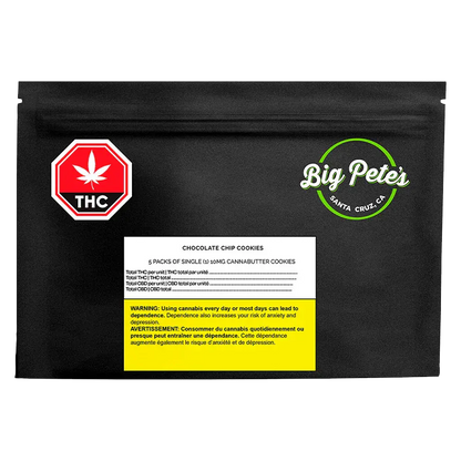 Front-facing black pouch showing the Big Pete's Chocolate Chip Cookies logo on the upper right and a white ingredient label with a yellow warning panel.