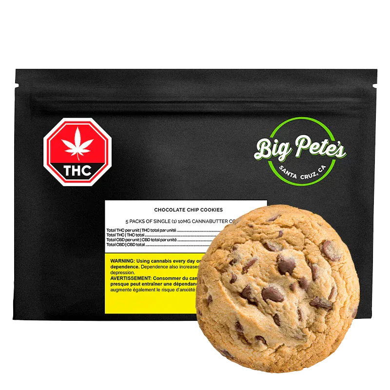 Black pouch with a single chocolate chip cookie in front, labeled "Big Pete's Chocolate Chip Cookies" and a red THC symbol.