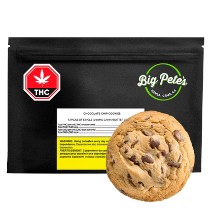 Black pouch with a single chocolate chip cookie in front, labeled "Big Pete's Chocolate Chip Cookies" and a red THC symbol.