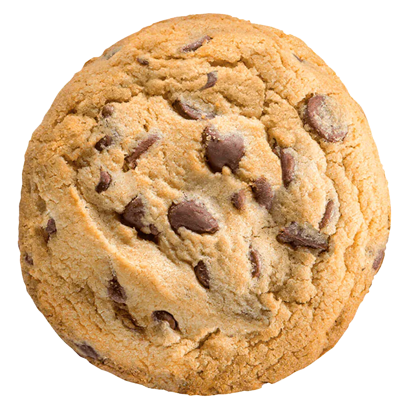 Top-down view of a single Chocolate Chip Cookies showing golden-brown dough and scattered chocolate chips against a white background