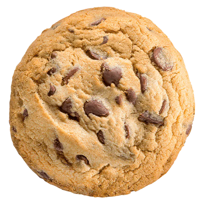 Top-down view of a single Chocolate Chip Cookies showing golden-brown dough and scattered chocolate chips against a white background