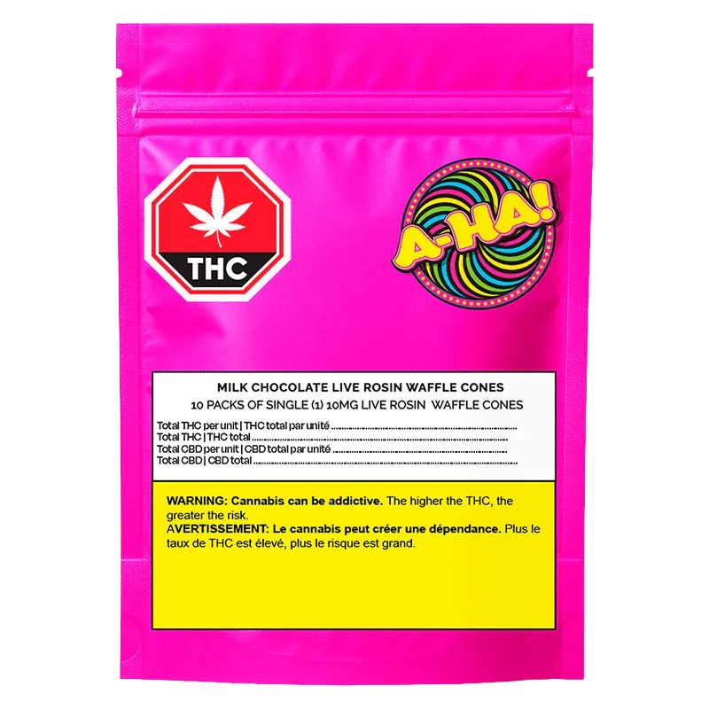 Front-facing bright pink pouch labeled "Milk Chocolate Live Rosin Waffle Cones" with a red THC stop-sign icon, colorful "A-HA!" swirl badge, and a yellow warning box.