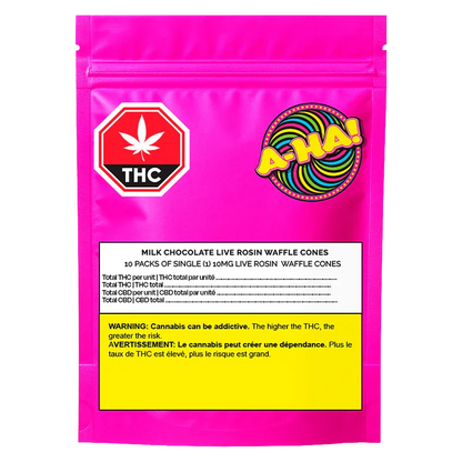 Front-facing bright pink pouch labeled "Milk Chocolate Live Rosin Waffle Cones" with a red THC stop-sign icon, colorful "A-HA!" swirl badge, and a yellow warning box.
