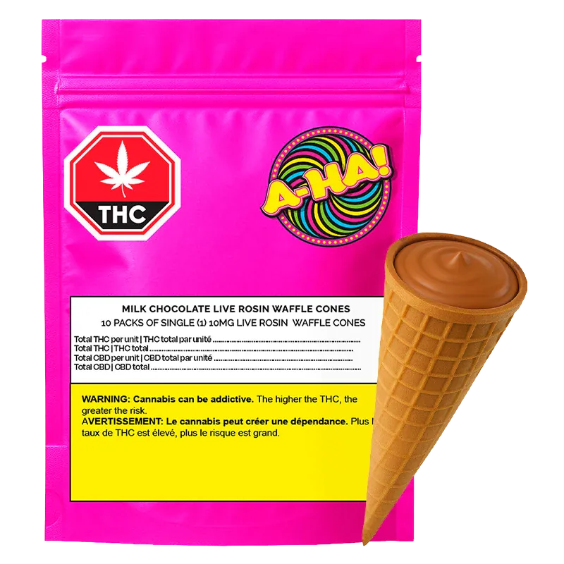 Front-facing bright pink package labeled "Milk Chocolate Live Rosin Waffle Cones" with a swirl A-HA! logo and a chocolate-filled waffle cone beside it.