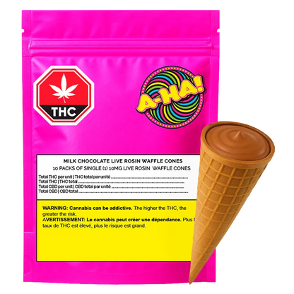 Front-facing bright pink package labeled "Milk Chocolate Live Rosin Waffle Cones" with a swirl A-HA! logo and a chocolate-filled waffle cone beside it.