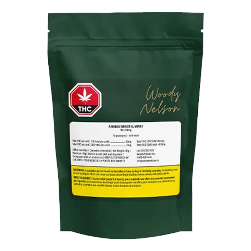 Front-facing green resealable pouch of Rainbow Driver Cured Resin Gummies with a white info panel, red THC symbol, and gold script.