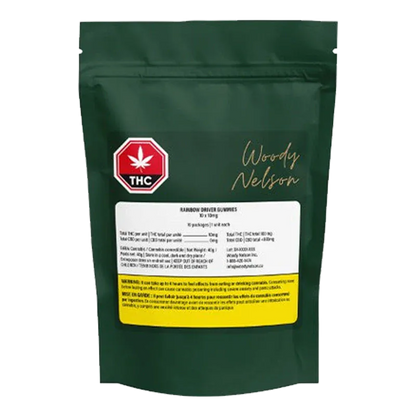 Front-facing green resealable pouch of Rainbow Driver Cured Resin Gummies with a white info panel, red THC symbol, and gold script.