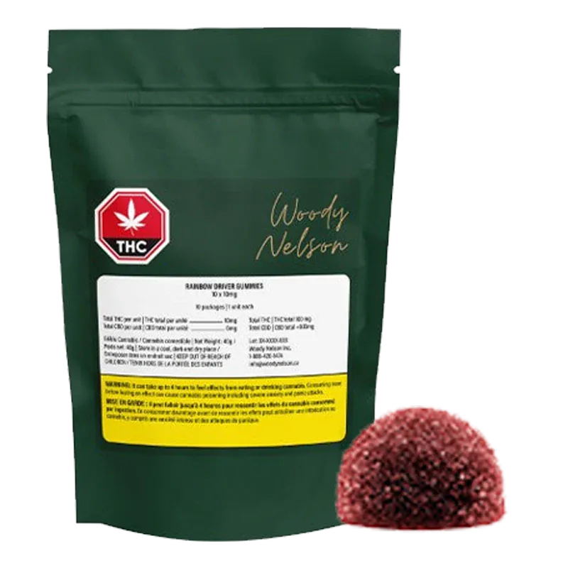 Front view of a green pouch labeled Woody Nelson Rainbow Driver Cured Resin Gummies with a single sugar-coated red gummy placed in front.