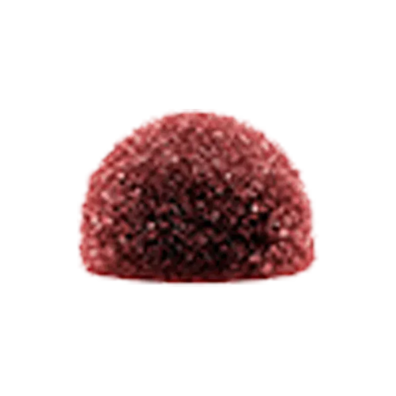 Close-up front view of a single reddish, dome-shaped Rainbow Driver Cured Resin Gummies piece against a white background.