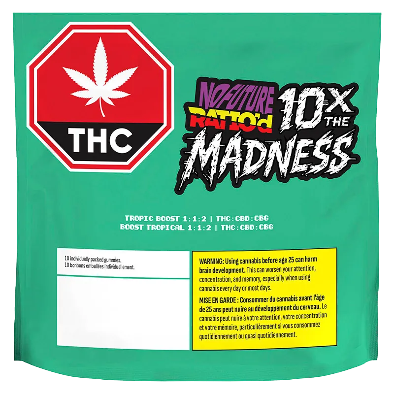 Front-facing pouch shot of Ratio'd Tropic Boost Gummies with a teal background, bold "10x the Madness" graphic and THC stop sign.