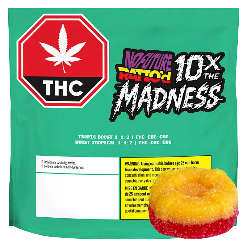 Front-facing pack shot of a teal pouch labeled Ratio'd Tropic Boost Gummies with a red THC stop sign logo and a sugar-coated yellow-red gummy at the lower right