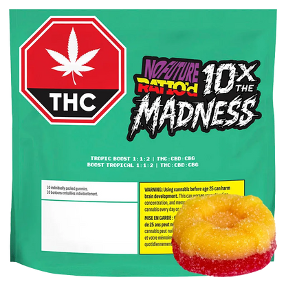 Front-facing pack shot of a teal pouch labeled Ratio'd Tropic Boost Gummies with a red THC stop sign logo and a sugar-coated yellow-red gummy at the lower right