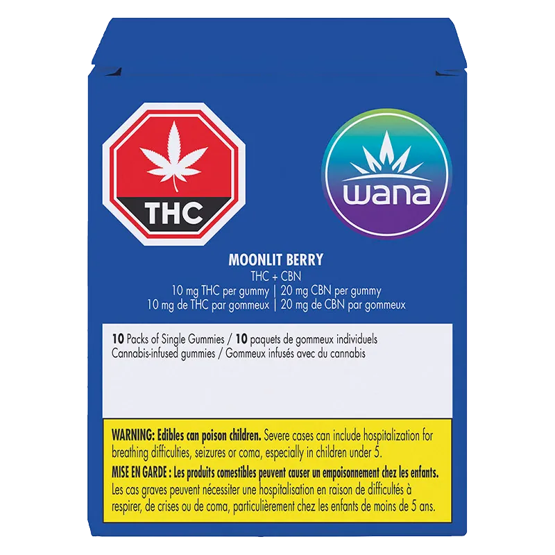 Back view of the blue Wana Moonlit Berry Gummies box showing THC and Wana logos, dosage text, and a yellow warning panel.