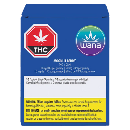 Back view of the blue Wana Moonlit Berry Gummies box showing THC and Wana logos, dosage text, and a yellow warning panel.