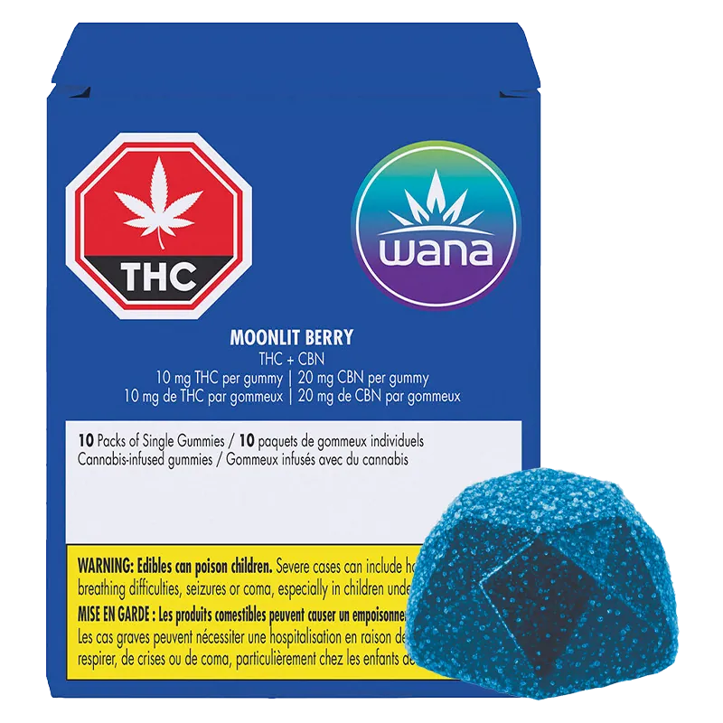 Front view of the blue box and single sugar-coated gummy for Moonlit Berry Gummies, showing the Wana logo and THC warning.