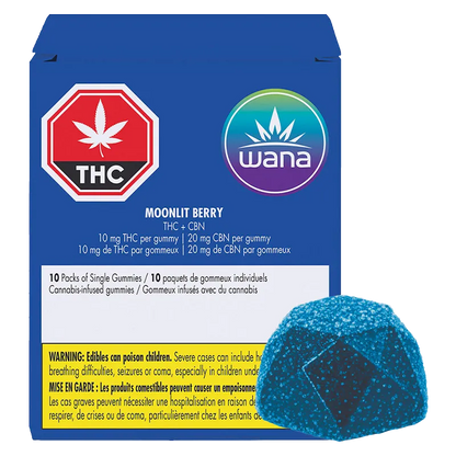 Front view of the blue box and single sugar-coated gummy for Moonlit Berry Gummies, showing the Wana logo and THC warning.
