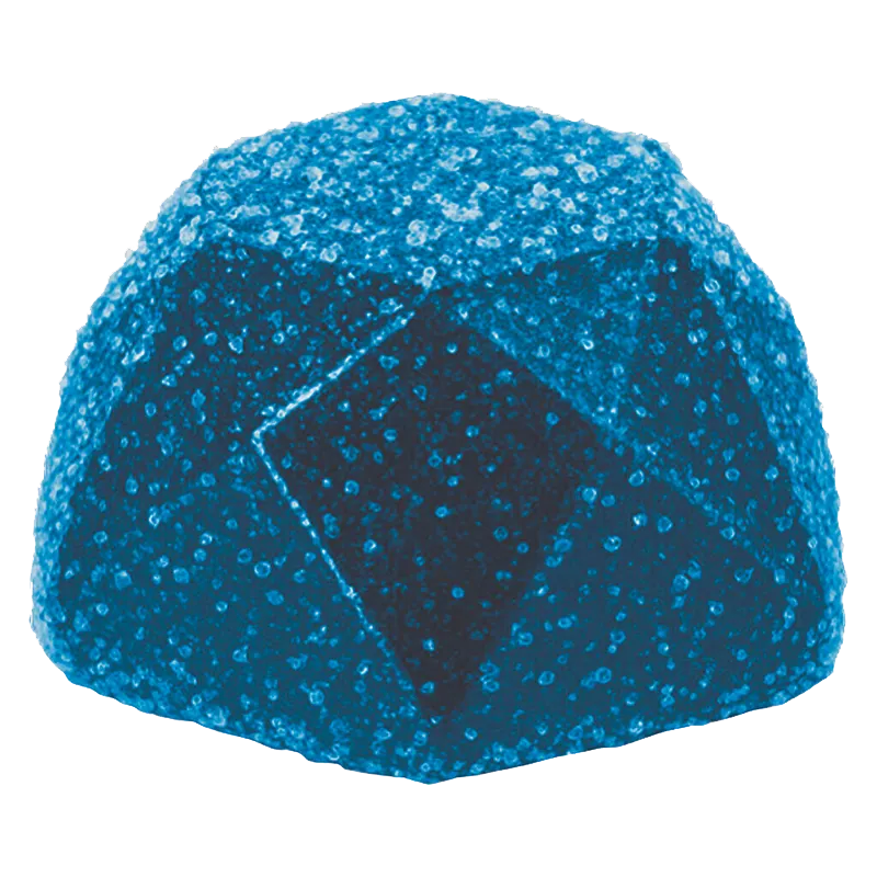Close-up front view of a single Moonlit Berry Gummies candy, a blue, sugar-coated, rounded-square gummy with a faceted top.