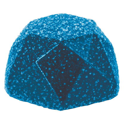 Close-up front view of a single Moonlit Berry Gummies candy, a blue, sugar-coated, rounded-square gummy with a faceted top.