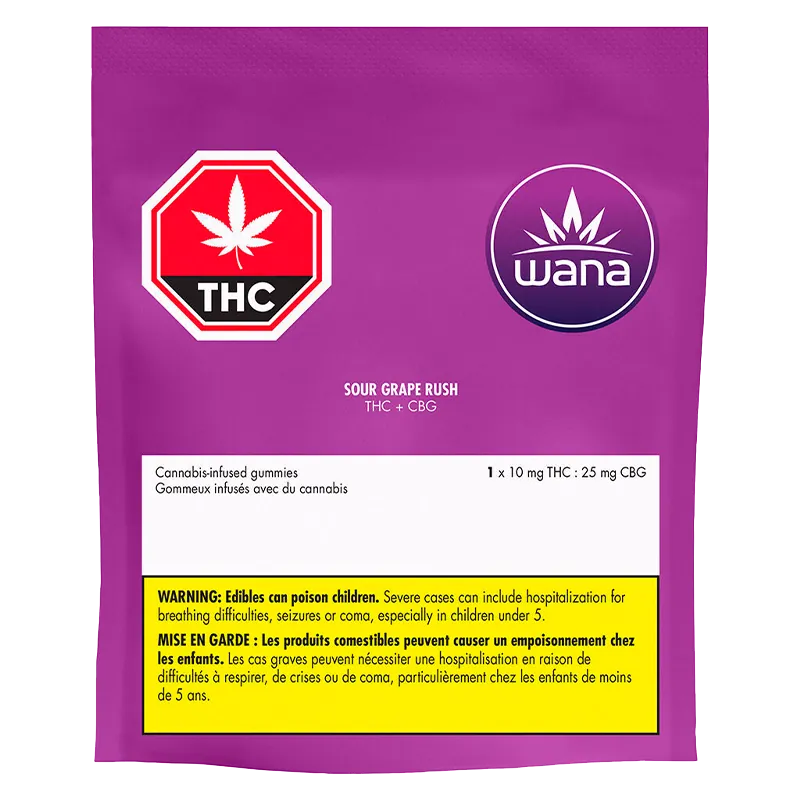 Front-facing image of the purple pouch labeled Wana Sour Grape Rush Gummies with THC icon and warning panel.