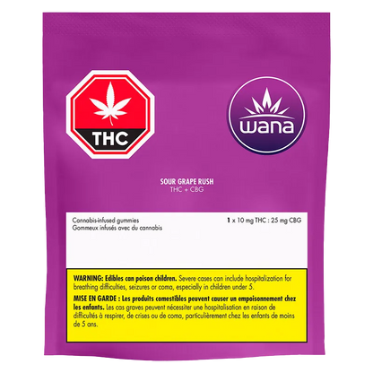 Front-facing image of the purple pouch labeled Wana Sour Grape Rush Gummies with THC icon and warning panel.