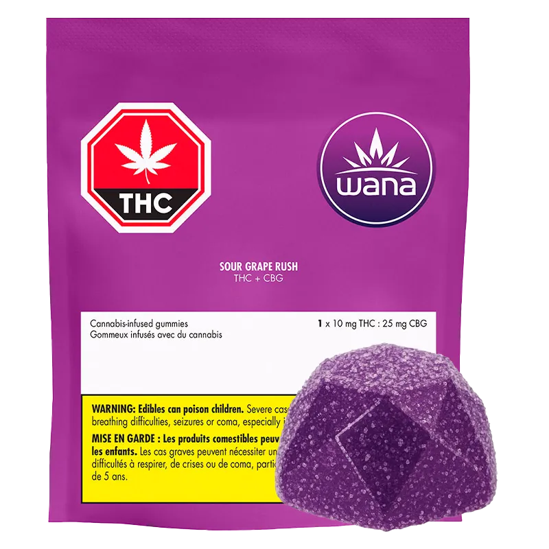 Front-facing shot of a purple pouch and single sugar-coated gummy labeled Wana Sour Grape Rush Gummies on a white background.