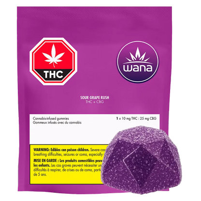 Front-facing shot of a purple pouch and single sugar-coated gummy labeled Wana Sour Grape Rush Gummies on a white background.