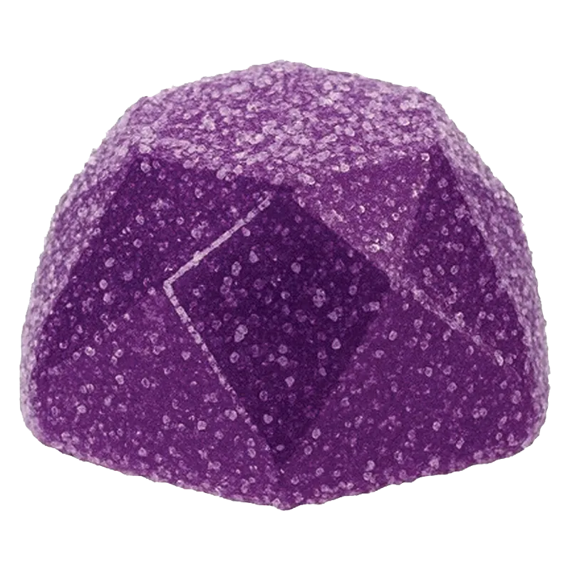 Close-up front view of a sugar-coated purple gem-shaped candy, Sour Grape Rush Gummies, on a plain white background.