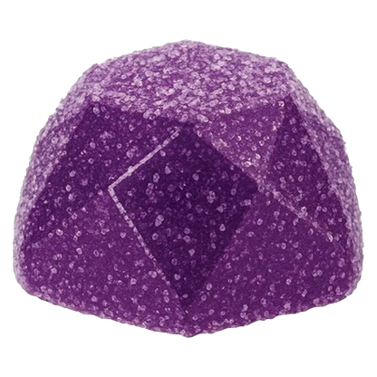 Close-up front view of a sugar-coated purple gem-shaped candy, Sour Grape Rush Gummies, on a plain white background.