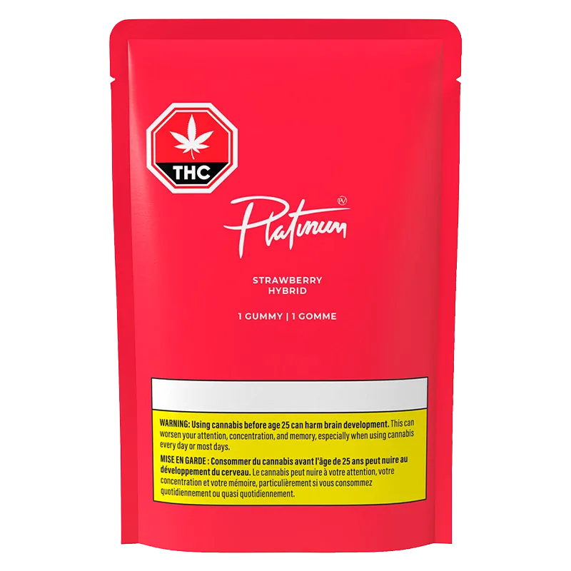Front-facing shot of the bright red Platinum Strawberry Gummies pouch with white logo, THC stop sign, and a yellow warning box at the bottom.