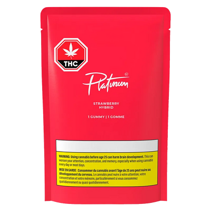 Front-facing shot of the bright red Platinum Strawberry Gummies pouch with white logo, THC stop sign, and a yellow warning box at the bottom.