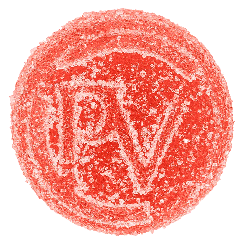 Close-up top view of a single bright red Strawberry Gummies candy coated in sparkling sugar crystals.