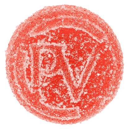 Close-up top view of a single bright red Strawberry Gummies candy coated in sparkling sugar crystals.