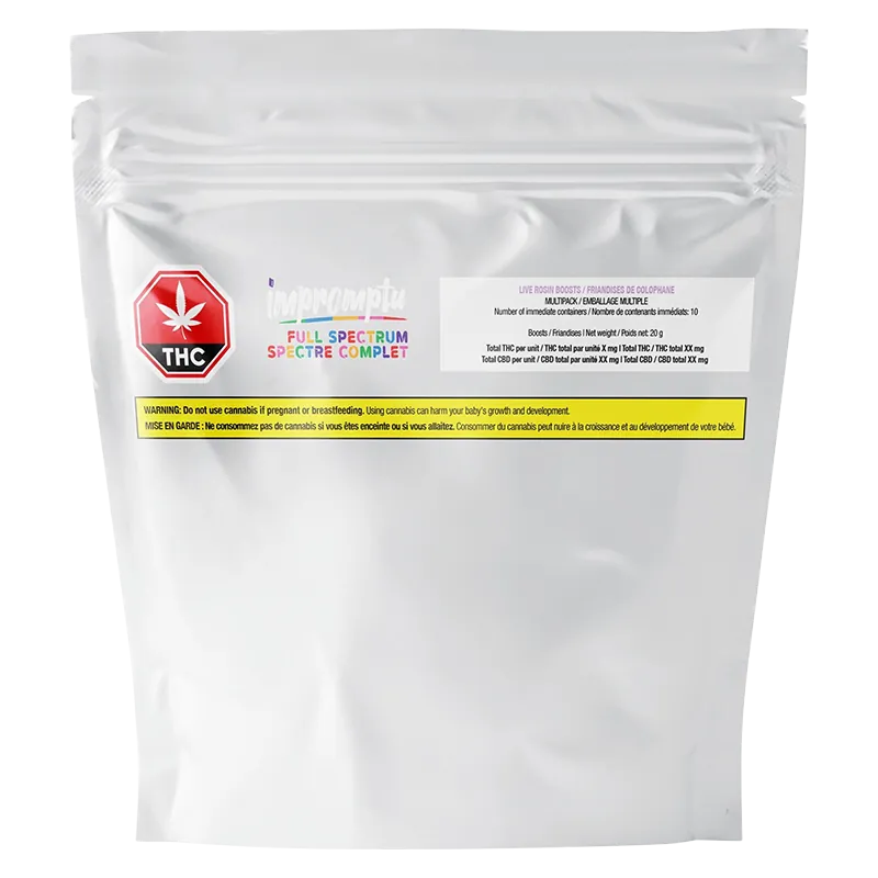 Front-facing shot of a matte white pouch labeled Full Spectrum Live Rosin Boosts Gummies with a red THC octagon and small colorful logo near the top.