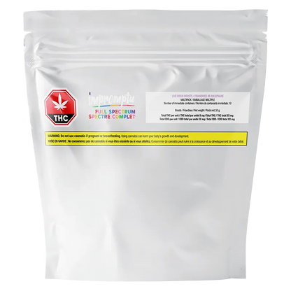 Front-facing shot of a matte white pouch labeled Full Spectrum Live Rosin Boosts Gummies with a red THC octagon and small colorful logo near the top.