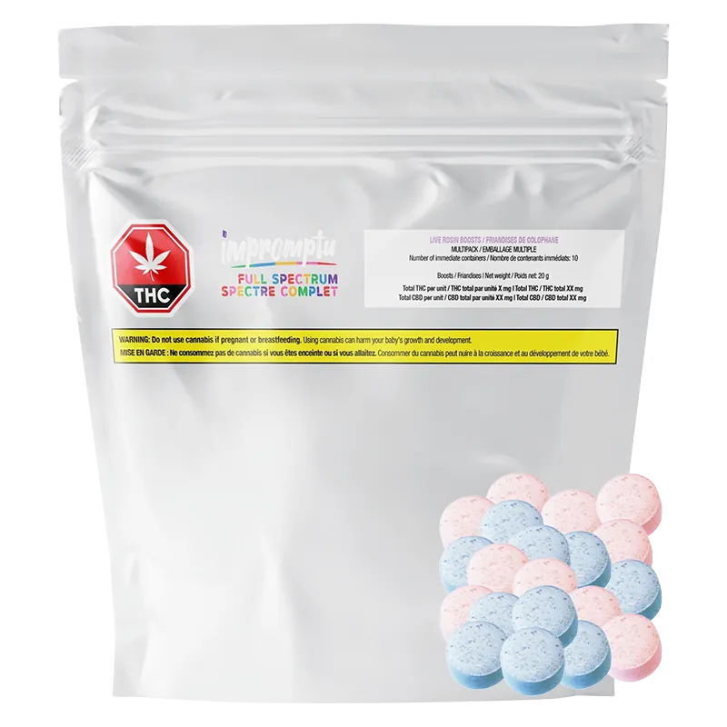 Front-facing shot of a white pouch with a small THC warning label and scattered pink and blue tablets, labeled "Full Spectrum Live Rosin Boosts Gummies."