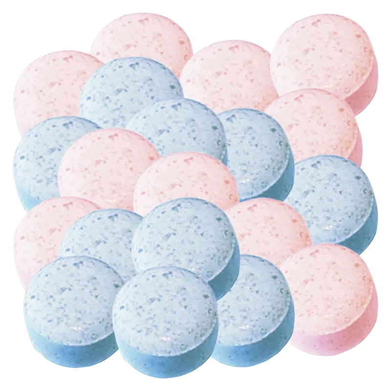 Close-up of a pile of pink and blue round tablets photographed from a slight overhead angle, labeled Full Spectrum Live Rosin Boosts Gummies.