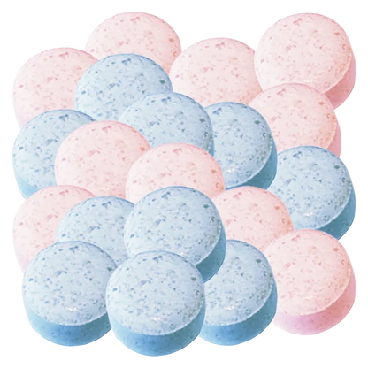 Close-up of a pile of pink and blue round tablets photographed from a slight overhead angle, labeled Full Spectrum Live Rosin Boosts Gummies.