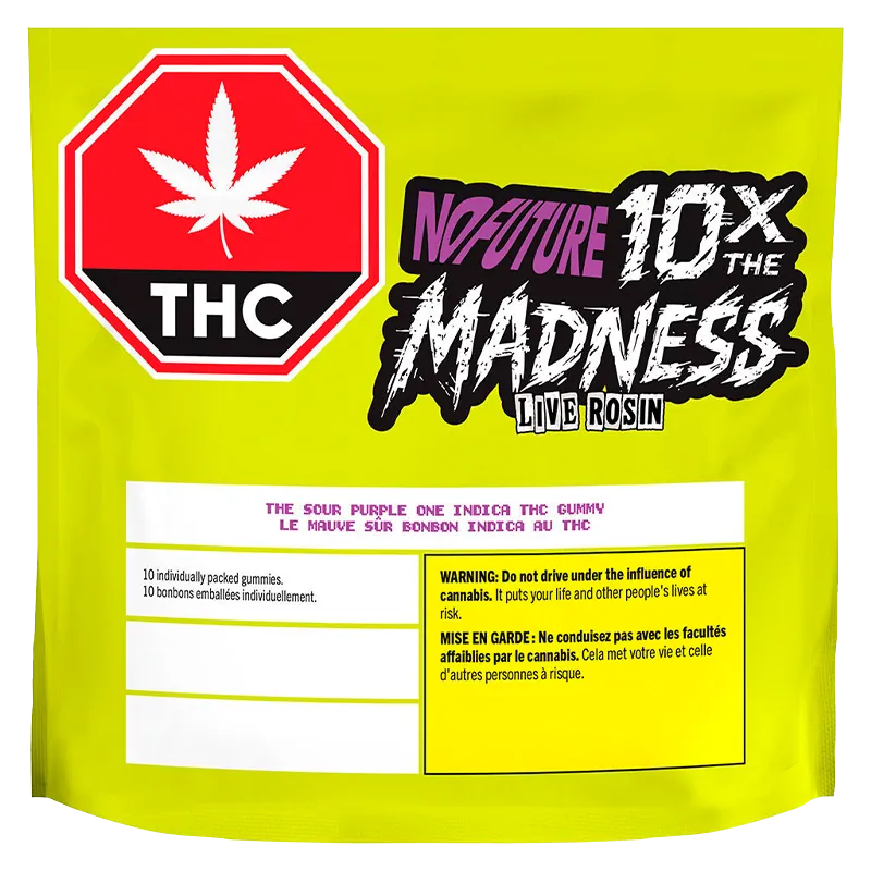 Bright front-facing shot of the Sour Purple One Live Rosin Indica Gummies pouch on a neon yellow background with bold "10X the Madness" and a red THC stop-sign logo.