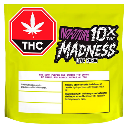 Bright front-facing shot of the Sour Purple One Live Rosin Indica Gummies pouch on a neon yellow background with bold "10X the Madness" and a red THC stop-sign logo.