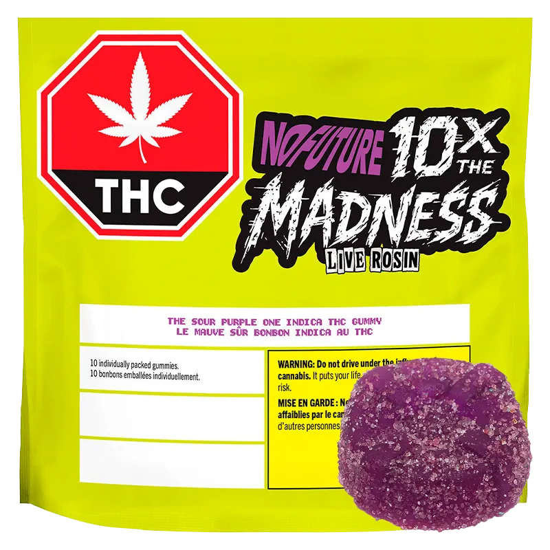 Bright front view of the Sour Purple One Live Rosin Indica Gummies 10 Pack pouch with neon yellow packaging, bold "10X The Madness" logo and a sugar-coated purple gummy at lower right
