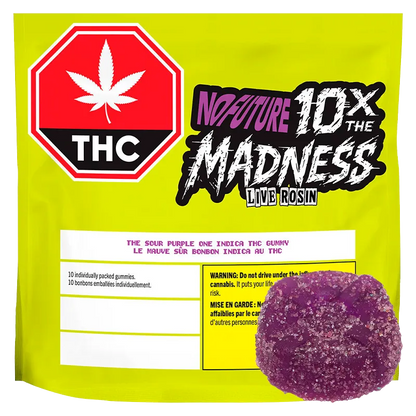 Bright front view of the Sour Purple One Live Rosin Indica Gummies 10 Pack pouch with neon yellow packaging, bold "10X The Madness" logo and a sugar-coated purple gummy at lower right
