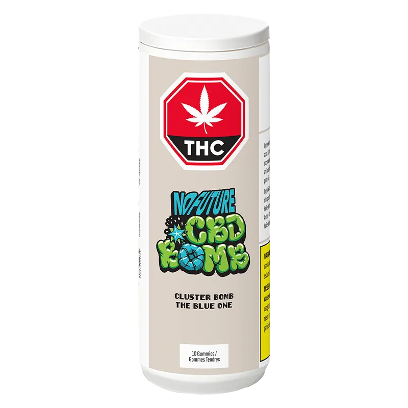 Tall front-facing white bottle labeled "CBD Cluster Bomb - The Blue One Gummies" with colorful graffiti logo and a red THC stop sign emblem.