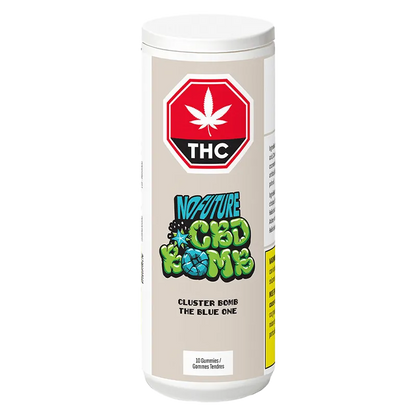 Tall front-facing white bottle labeled "CBD Cluster Bomb - The Blue One Gummies" with colorful graffiti logo and a red THC stop sign emblem.