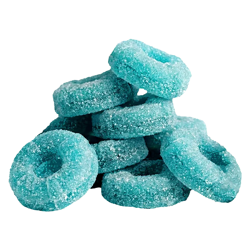 Close-up of a stacked pile of bright blue sugary ring gummies of "CBD Cluster Bomb - The Blue One Gummies" on a white background