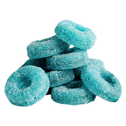 Close-up of a stacked pile of bright blue sugary ring gummies of "CBD Cluster Bomb - The Blue One Gummies" on a white background