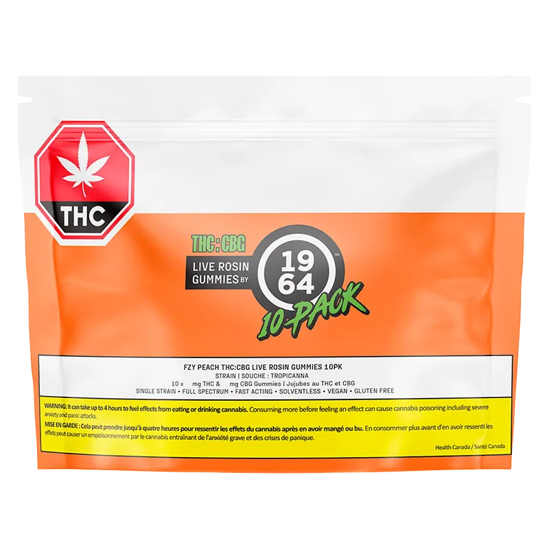Front-facing image of a white and orange pouch labeled Fzy Peach THC:CBG Live Rosin Gummies with a prominent THC octagon.