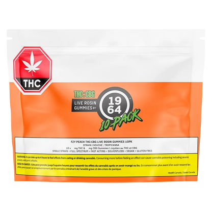 Front-facing image of a white and orange pouch labeled Fzy Peach THC:CBG Live Rosin Gummies with a prominent THC octagon.