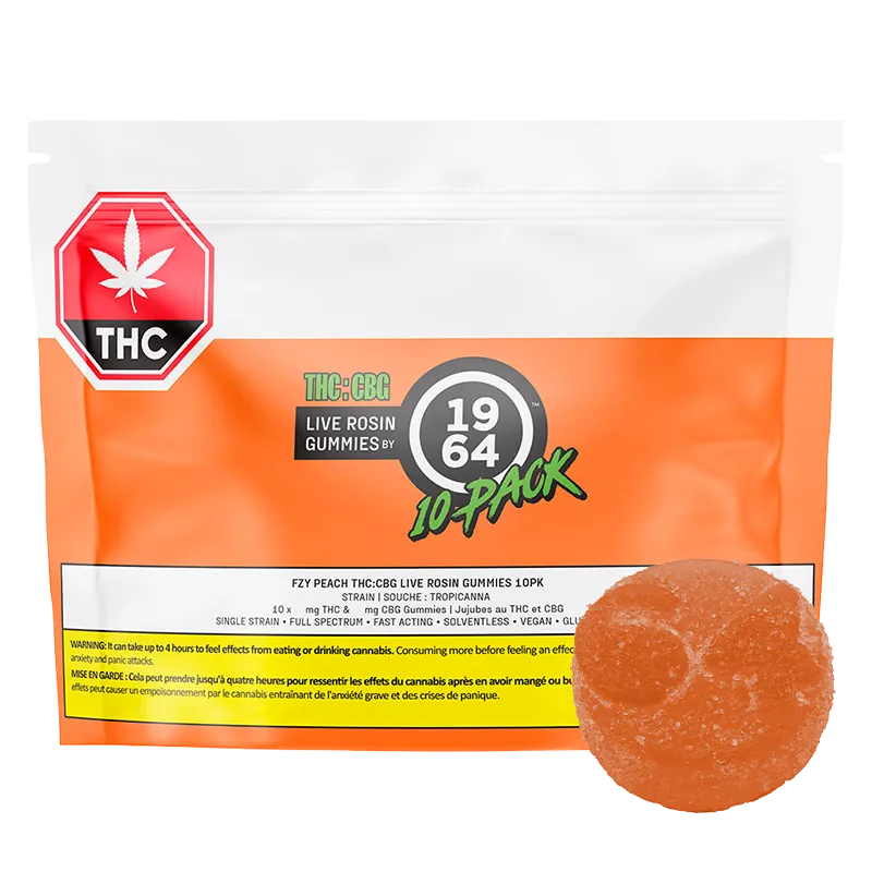 Front-facing pouch of Fzy Peach THC:CBG Live Rosin Gummies with bright orange lower half, white top, THC badge, and a close-up of one round peach gummy.