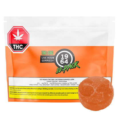 Front-facing pouch of Fzy Peach THC:CBG Live Rosin Gummies with bright orange lower half, white top, THC badge, and a close-up of one round peach gummy.