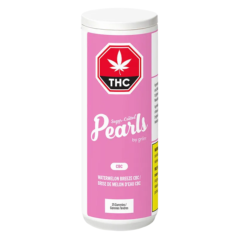 Tall front-facing container labeled "Watermelon Breeze CBC Gummies" with a pink label, white cap, and a red THC stop-sign logo.